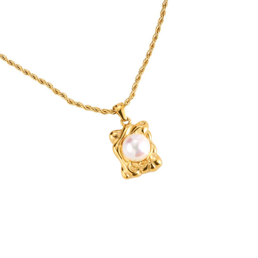 Halskette "Perle Quadrat" Edelstahl 14K vergoldet