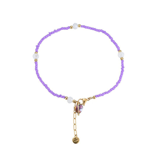 Fußkette "Purple Beads & Dazzling Heart" Edelstahl 14K vergoldet